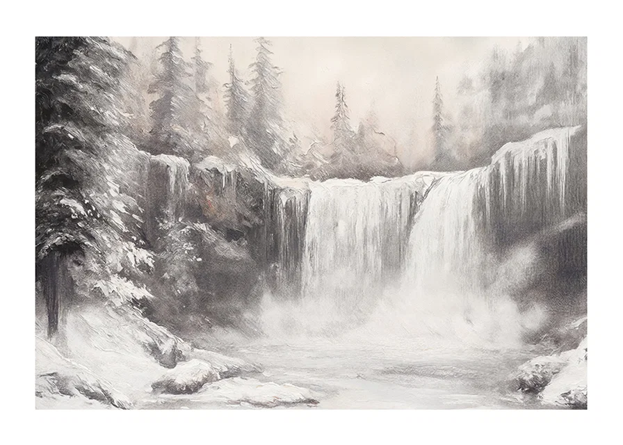 A poster capturing a frozen waterfall surrounded by snow-covered trees -12