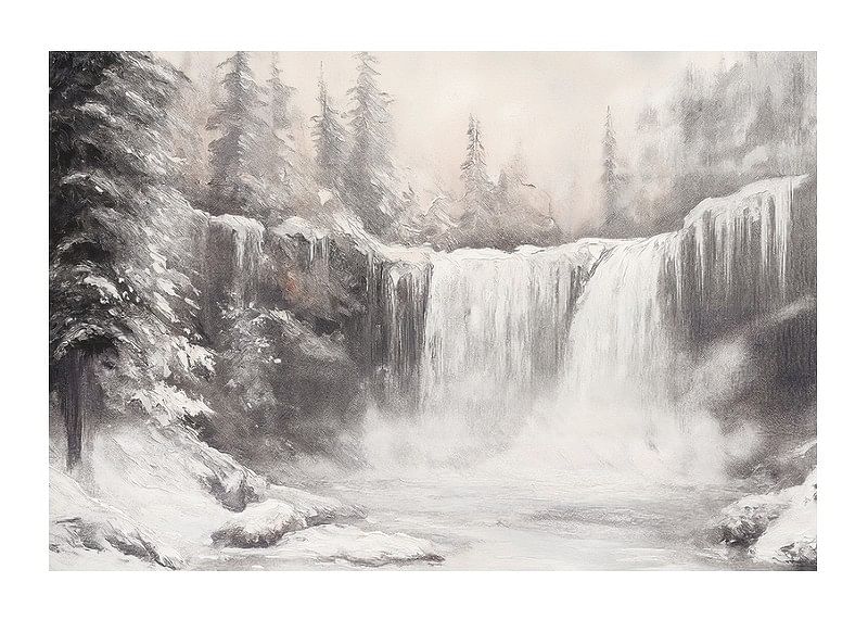 Une affiche représentant une cascade gelée entourée d'arbres enneigés -12