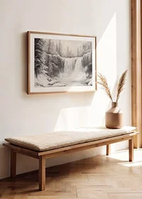 A poster capturing a frozen waterfall surrounded by snow-covered trees -8