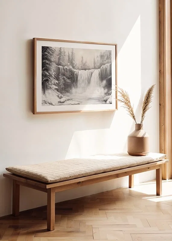 A poster capturing a frozen waterfall surrounded by snow-covered trees -12
