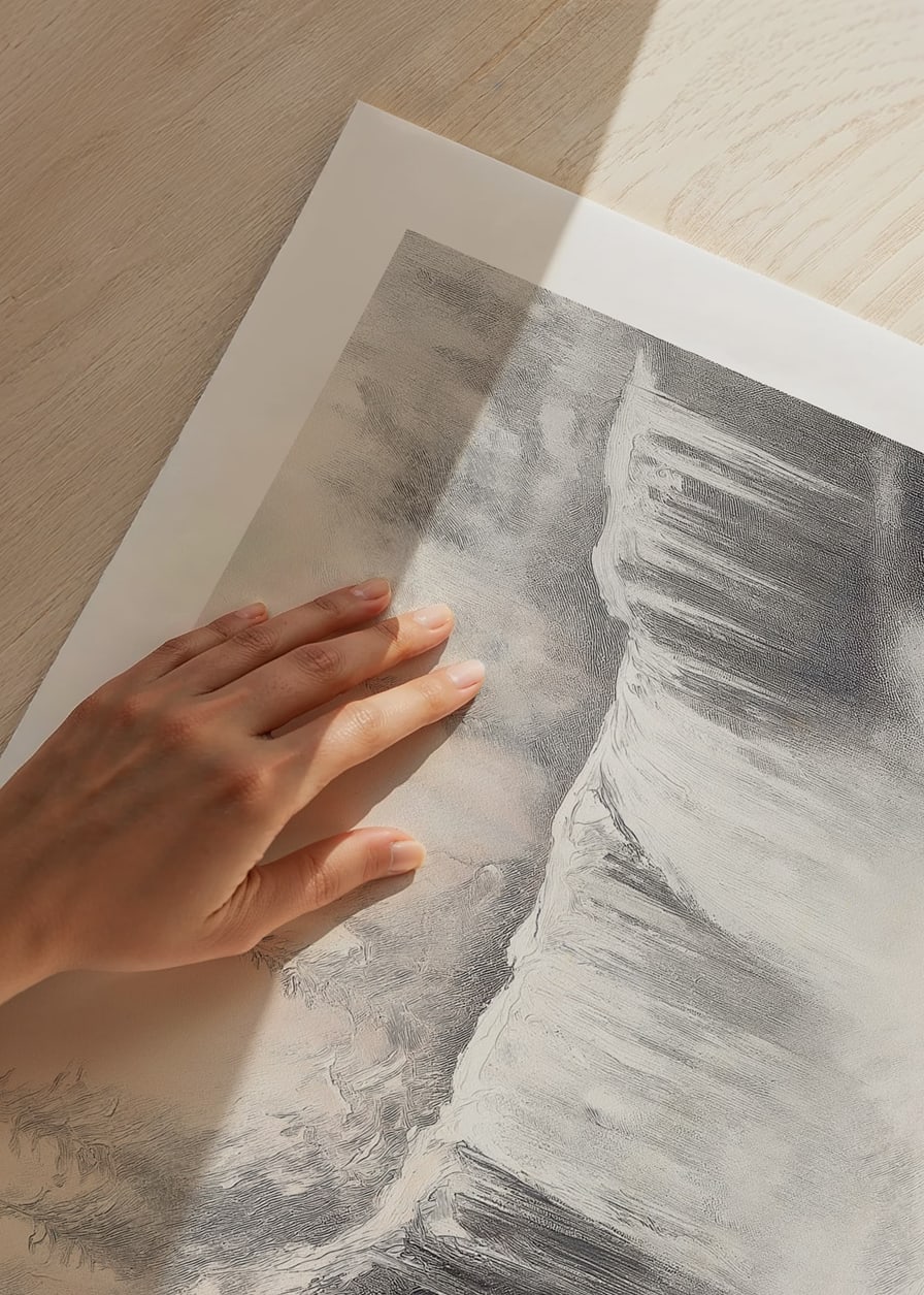 A poster capturing a frozen waterfall surrounded by snow-covered trees -12