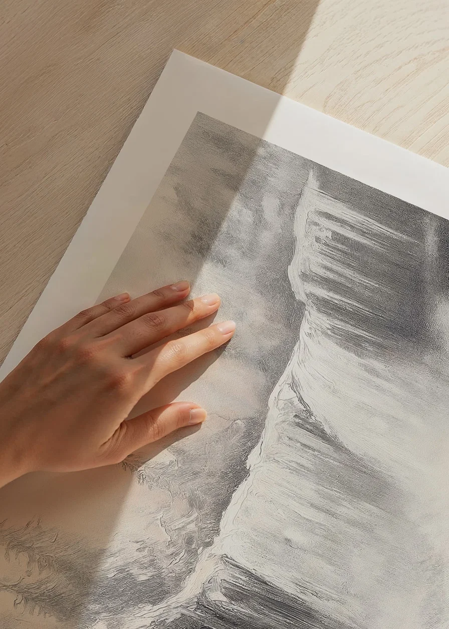 A poster capturing a frozen waterfall surrounded by snow-covered trees -12