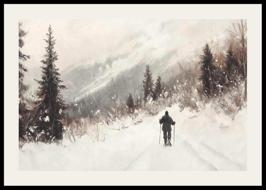 Plagát lyžiara na zasneženej ceste, obklopenej mrazivými stromami a hmlovými horami-12