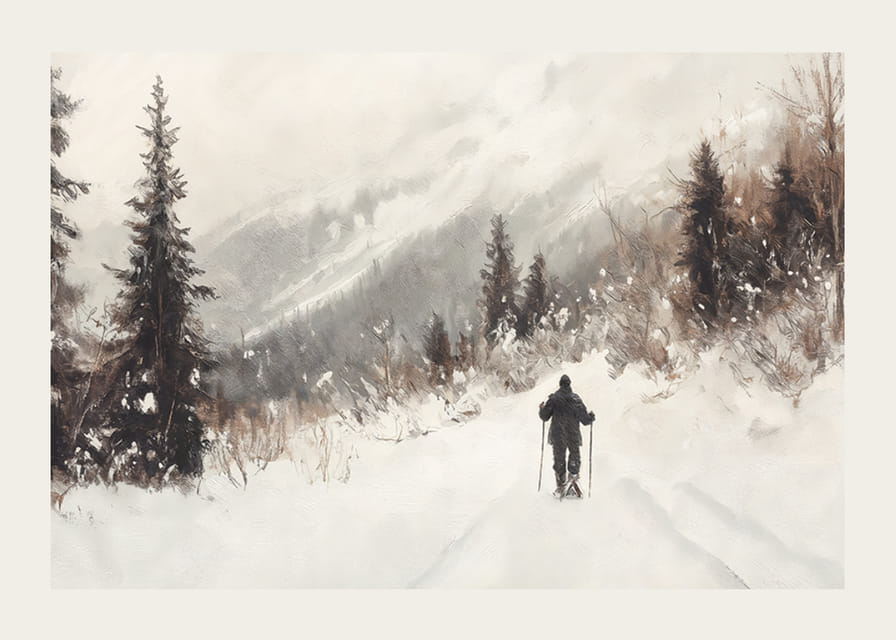 Plagát lyžiara na zasneženej ceste, obklopenej mrazivými stromami a hmlovými horami-12