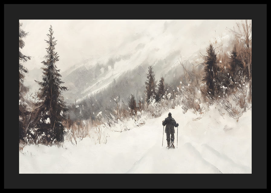 Plagát lyžiara na zasneženej ceste, obklopenej mrazivými stromami a hmlovými horami-12