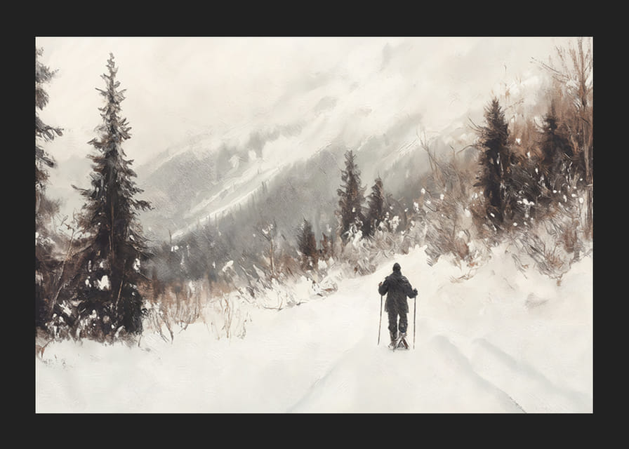 Plagát lyžiara na zasneženej ceste, obklopenej mrazivými stromami a hmlovými horami-12