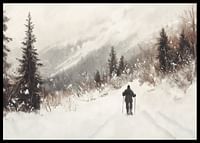 A poster of a skier on a snow-covered trail, surrounded by frosty trees and misty mountains-2