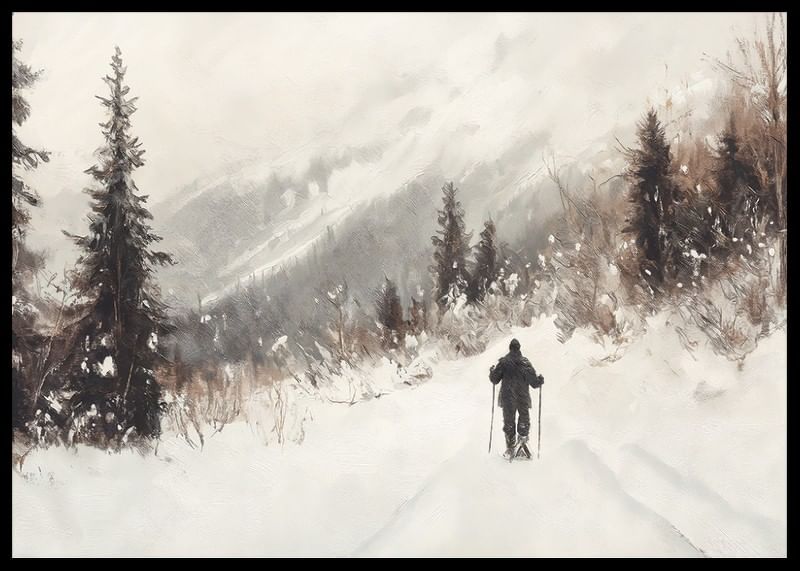 A poster of a skier on a snow-covered trail, surrounded by frosty trees and misty mountains-12