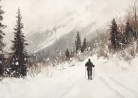 A poster of a skier on a snow-covered trail, surrounded by frosty trees and misty mountains-3