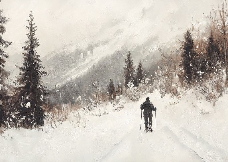 A poster of a skier on a snow-covered trail, surrounded by frosty trees and misty mountains-12