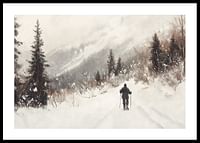 A poster of a skier on a snow-covered trail, surrounded by frosty trees and misty mountains-0