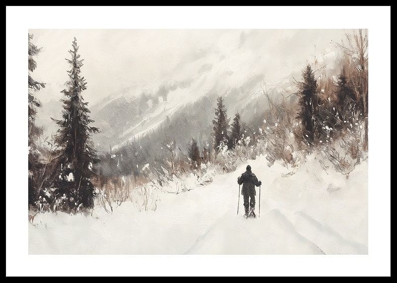 A poster of a skier on a snow-covered trail, surrounded by frosty trees and misty mountains-12