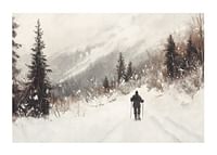 A poster of a skier on a snow-covered trail, surrounded by frosty trees and misty mountains-1