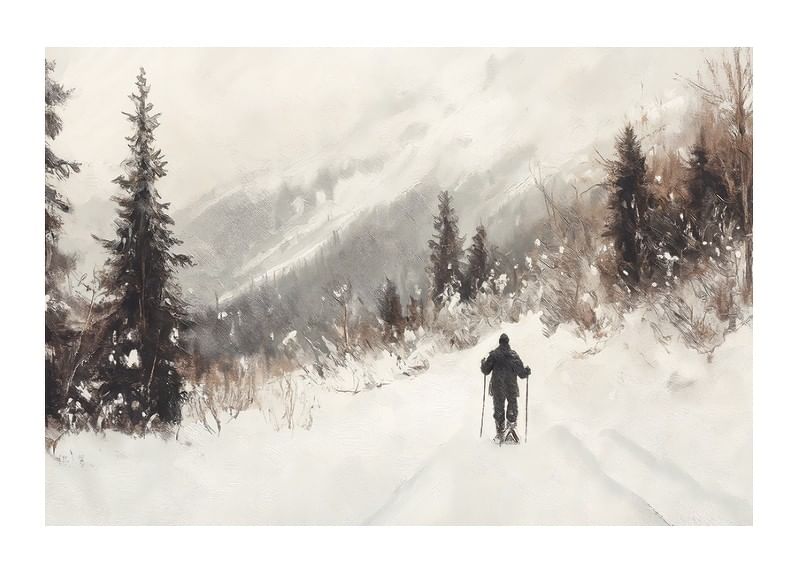 A poster of a skier on a snow-covered trail, surrounded by frosty trees and misty mountains-12