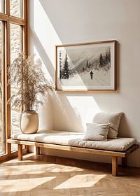 A poster of a skier on a snow-covered trail, surrounded by frosty trees and misty mountains-4