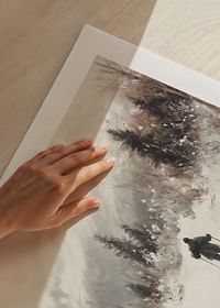 A poster of a skier on a snow-covered trail, surrounded by frosty trees and misty mountains-5