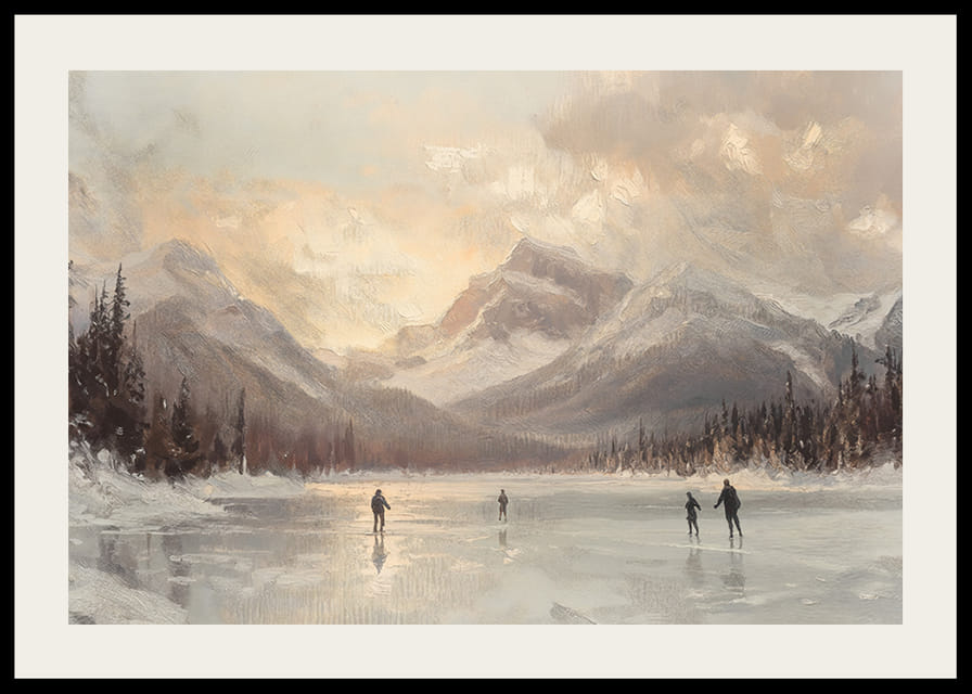 En plakat av skøyteløpere på en frossen innsjø, omgitt av majestetiske fjell-12
