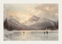 En plakat av skøyteløpere på en frossen innsjø, omgitt av majestetiske fjell-3