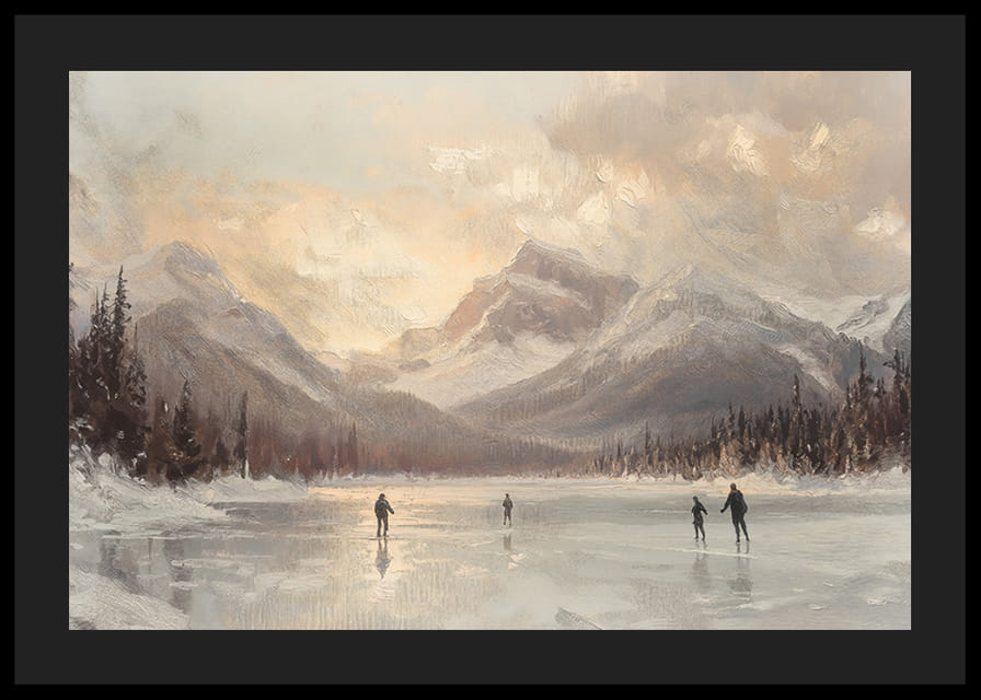 En plakat av skøyteløpere på en frossen innsjø, omgitt av majestetiske fjell-12