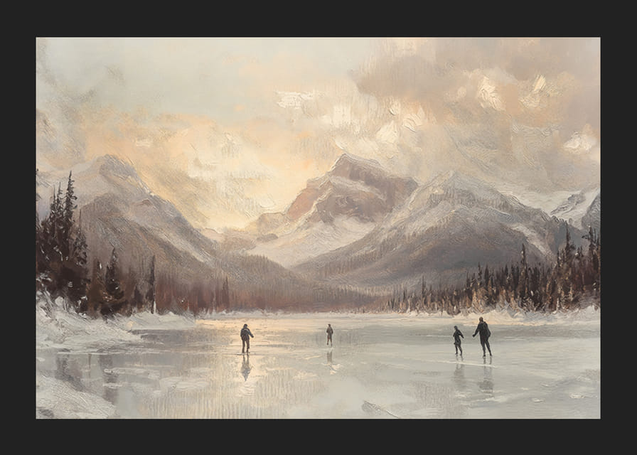 En plakat av skøyteløpere på en frossen innsjø, omgitt av majestetiske fjell-12