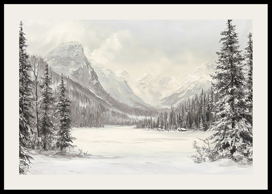 A poster of snow-capped mountains and a peaceful valley, framed by stately firs-12