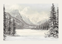 A poster of snow-capped mountains and a peaceful valley, framed by stately firs-3