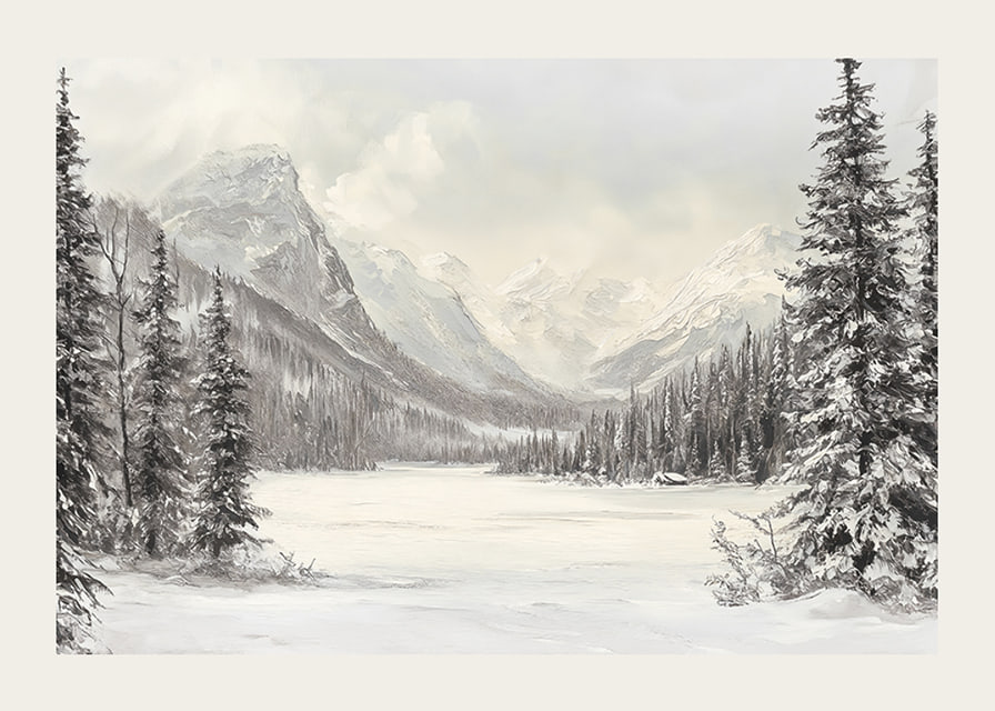 A poster of snow-capped mountains and a peaceful valley, framed by stately firs-12