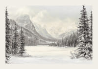 Une affiche représentant des montagnes enneigées et une vallée paisible, encadrées par des sapins majestueux-3