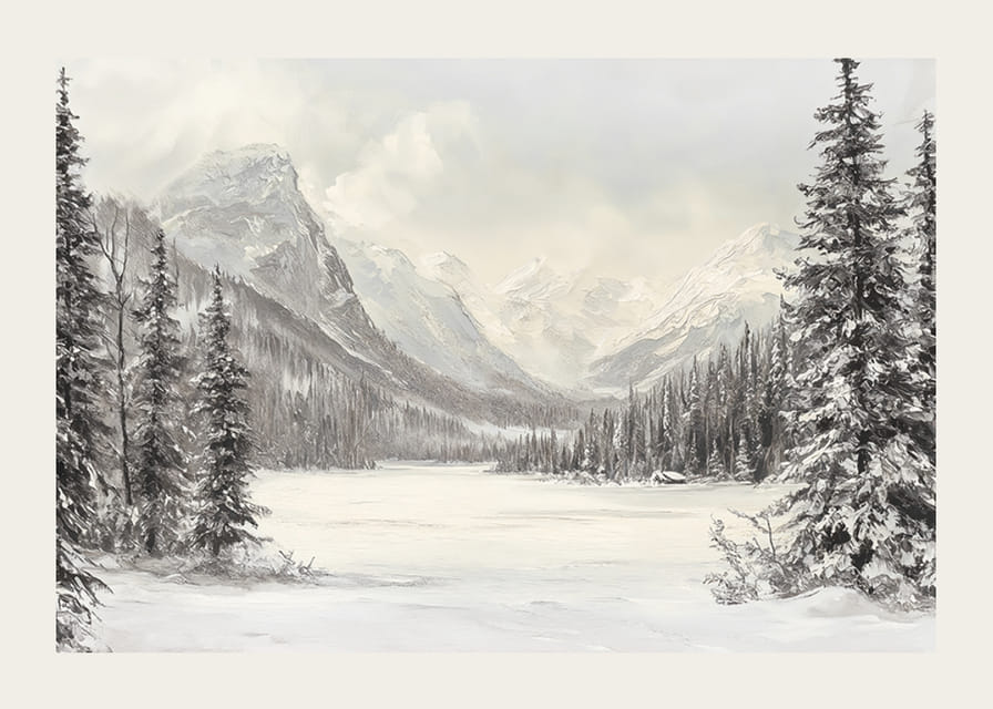 Une affiche représentant des montagnes enneigées et une vallée paisible, encadrées par des sapins majestueux-12