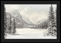 A poster of snow-capped mountains and a peaceful valley, framed by stately firs-4