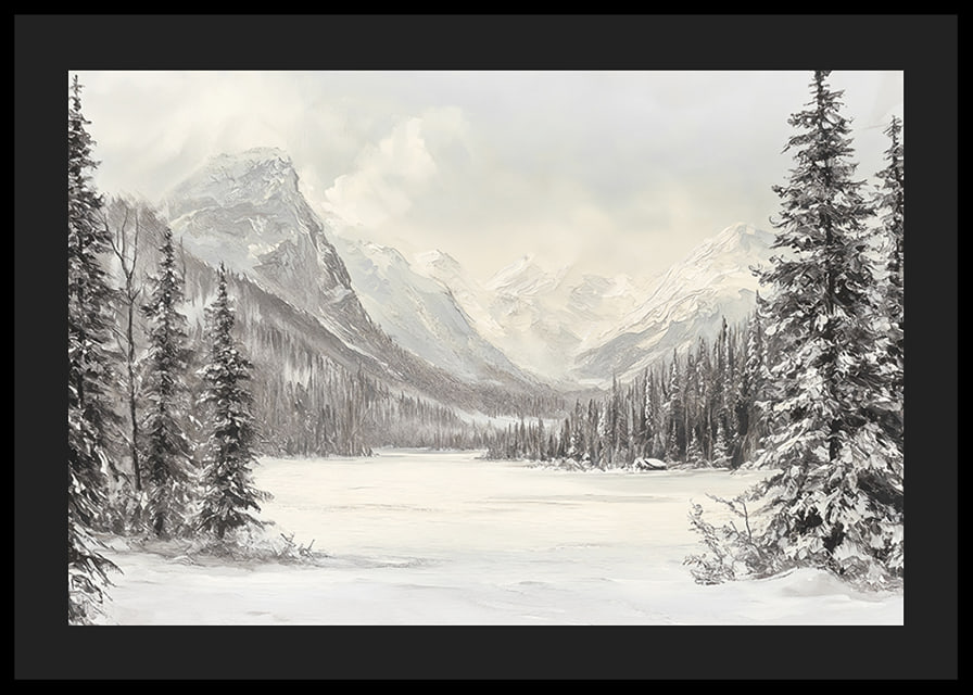 A poster of snow-capped mountains and a peaceful valley, framed by stately firs-12