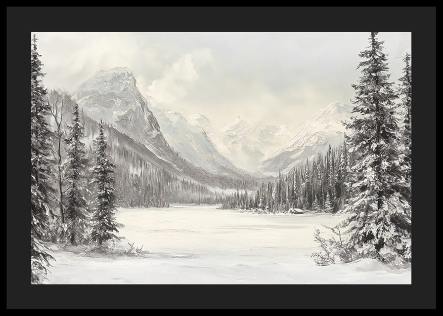 Une affiche représentant des montagnes enneigées et une vallée paisible, encadrées par des sapins majestueux-12