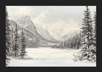 A poster of snow-capped mountains and a peaceful valley, framed by stately firs-5