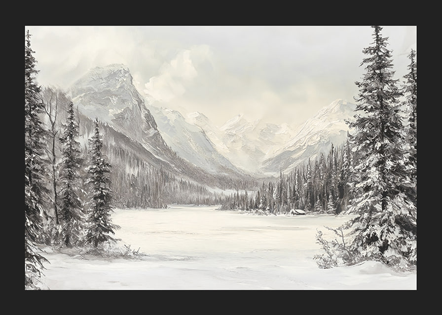 A poster of snow-capped mountains and a peaceful valley, framed by stately firs-12