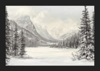 Une affiche représentant des montagnes enneigées et une vallée paisible, encadrées par des sapins majestueux-5