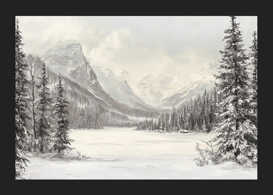 Une affiche représentant des montagnes enneigées et une vallée paisible, encadrées par des sapins majestueux-12