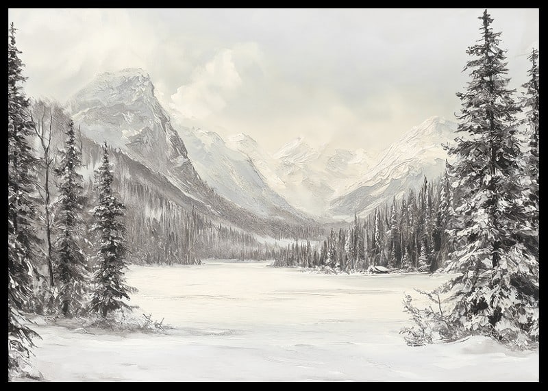 A poster of snow-capped mountains and a peaceful valley, framed by stately firs-12