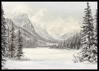 Une affiche représentant des montagnes enneigées et une vallée paisible, encadrées par des sapins majestueux-2