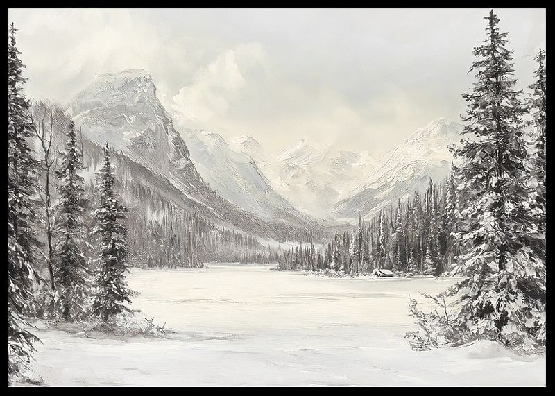 Une affiche représentant des montagnes enneigées et une vallée paisible, encadrées par des sapins majestueux-12