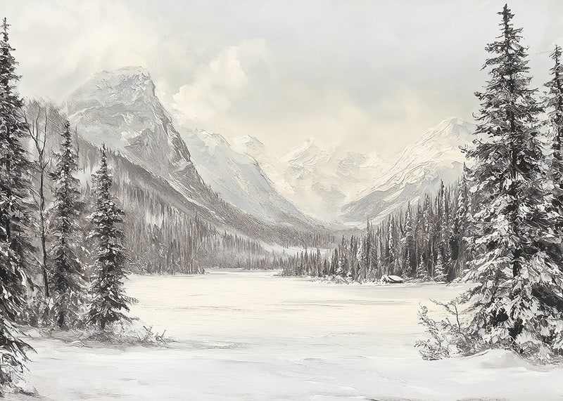 A poster of snow-capped mountains and a peaceful valley, framed by stately firs-12