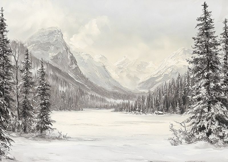 Une affiche représentant des montagnes enneigées et une vallée paisible, encadrées par des sapins majestueux-12