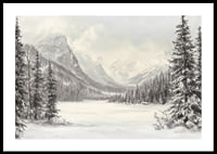 A poster of snow-capped mountains and a peaceful valley, framed by stately firs-0