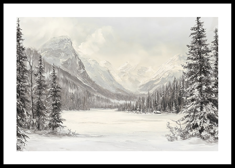 A poster of snow-capped mountains and a peaceful valley, framed by stately firs-12