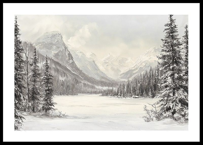Une affiche représentant des montagnes enneigées et une vallée paisible, encadrées par des sapins majestueux-12