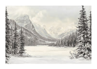 A poster of snow-capped mountains and a peaceful valley, framed by stately firs-1