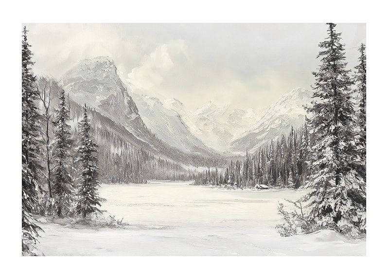 Une affiche représentant des montagnes enneigées et une vallée paisible, encadrées par des sapins majestueux-12