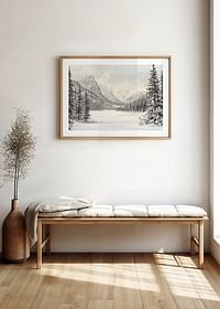 Une affiche représentant des montagnes enneigées et une vallée paisible, encadrées par des sapins majestueux-4