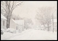 A poster that captures a quiet snow covered street surrounded by frosty trees and houses-6