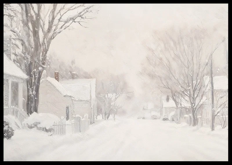 A poster that captures a quiet snow covered street surrounded by frosty trees and houses-12