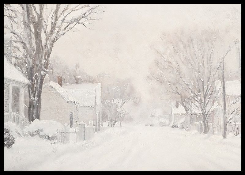 En plakat, der fanger en stille snedækket gade omgivet af frostklare træer og huse-12